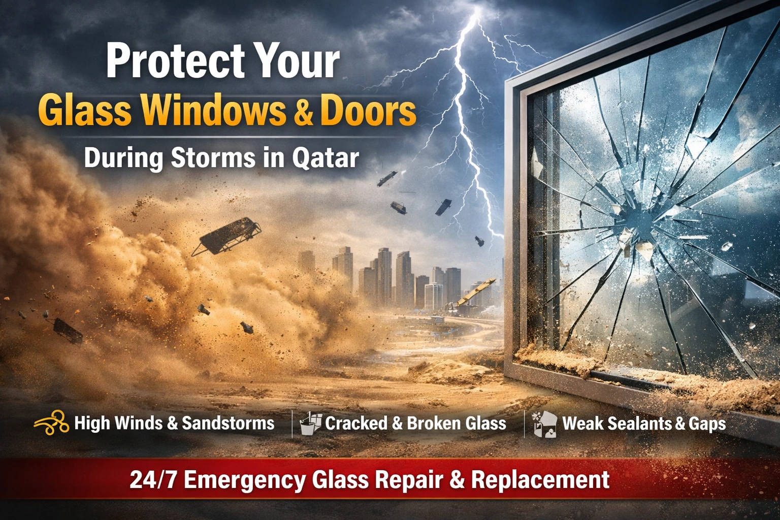Storm preparedness in Doha Qatar showing glass windows protected against strong winds